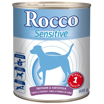 Rocco Sensitive hondenvoer, 800 g blik. Smaken: kalkoen & aardappel. Tekst: graanvrij, hypoallergeen, kracht & energie, single protein.