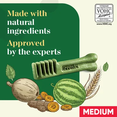 Made with natural ingredients, approved by the experts. VOHC accepted for plaque and tartar control. Medium size indicated.