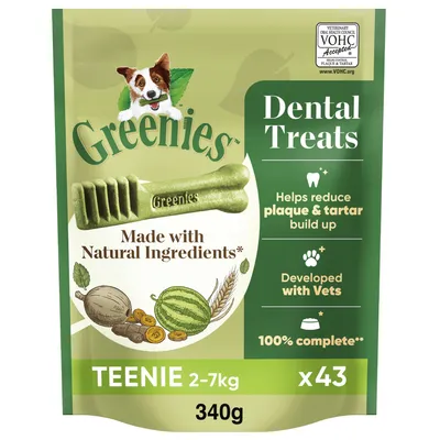 Dental treats made with natural ingredients, helps reduce plaque and tartar build-up, developed with vets, 100% complete, suitable for 2-7kg, pack of 43, 340g.