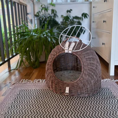 Pyöreä punottu kori, jossa metallinen ritiläovi ja pehmustettu pohja. Kori sijaitsee matolla sisätiloissa, taustalla kasveja ja lipasto.