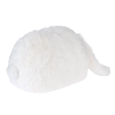 Weisses, flauschiges Kissen in runder Form mit Schwanzdetail, geeignet als Dekoration oder Liegefläche.