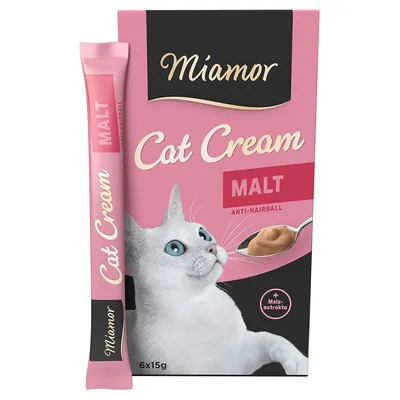 Miamor Cat Cream Malt Anti-Hairball, z ekstraktem słodowym, opakowanie 6x15g. Przedstawiono: biała kotka i krem na łyżce.
