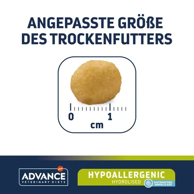 Angepasste Grösse des Trockenfutters, Durchmesser ca. 1 cm. Advance Veterinary Diets Hypoallergenic Hydrolysed, gastroenteric doppelte Diät.