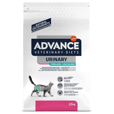 Advance Veterinary Diets Urinary, стерилизирана, нискокалорична, с натурални антиоксиданти, подпомага контрол на теглото и намалява струвитни и оксалатни кристали. Разфасовка: 2,5 кг.