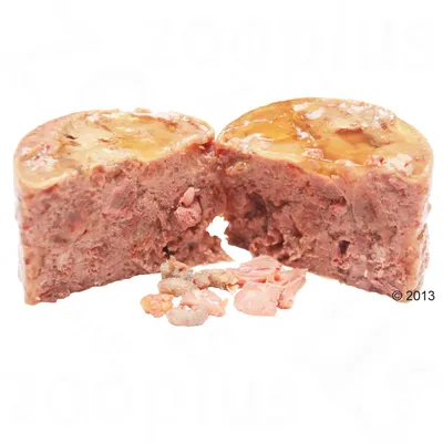 Mokra hrana za kućne ljubimce, prikazana prerezana na pola s vidljivom teksturom mesa i želeom na vrhu.