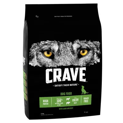 Dog food with high protein, made with 100% natural lamb and beef, contains fresh beef, grain free. Product name Crave, for dogs aged 1 year and above.