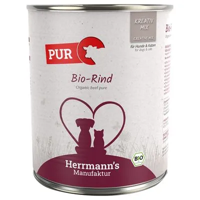 Blik Herrmann's Manufaktur PUR Bio-Rind, tekst: Kreativ Mix, voor honden & katten, Bio-keurmerk zichtbaar op het etiket.