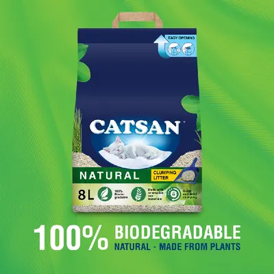 Catsan Natural clumping litter, 8L, 100% biodegradable, made with renewable raw materials, quick and solid clumping, natural, made from plants, easy opening feature shown.