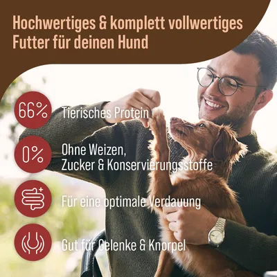 Hochwertiges & vollwertiges Hundefutter: 66% tierisches Protein, ohne Weizen, Zucker & Konservierungsstoffe, fördert Verdauung sowie Gelenke & Knorpel.