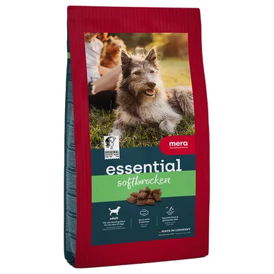 mera essential softbrocken hundfoder, bild på hund och foderbitar, text: adult, extra mjuka kroketter, genuint kött & utvalda fetter, MADE IN GERMANY