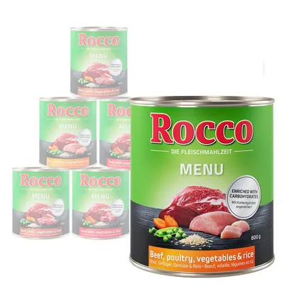 Rocco MENU canned food, visible text: 'Beef, poultry, vegetables & rice', 800g. Label shows beef, poultry, peas, carrots, rice. Pack of six tins with green and orange labels.