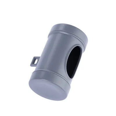 Grå plastbeholder med sideåbning og holder, egnet til opbevaring eller dosering af små genstande.