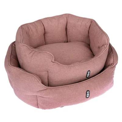 Zwei rosa Hundebetten in ovaler Form mit weicher Polsterung und sichtbarem TIAKI-Logo.