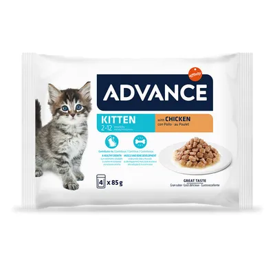 Advance Kitten 2–12 months with Chicken, pakiranje s mačićem i tanjurom hrane, 4 x 85 g. Vidljiv tekst: Contributes to a healthy growth, muscle and bone development.
