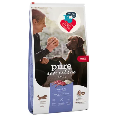 Mera pure sensitive adult cordero y arroz, ideal para perros sensibles. 14 kg, Made in Germany, +1,5 kg gratis. Sin azúcar, desarrollado con veterinarios.