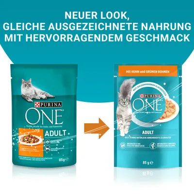 Texte en allemand : NEUER LOOK, GLEICHE AUSGEZEICHNETE NAHRUNG MIT HERVORRAGENDEM GESCHMACK. Purina ONE ADULT 85g, ancien et nouveau packaging visibles.