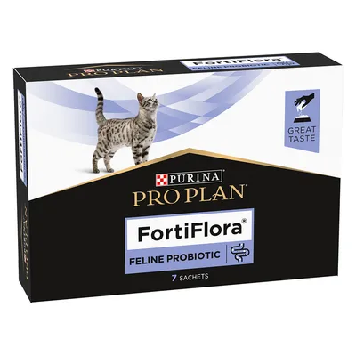 Boîte Purina Pro Plan FortiFlora Feline Probiotic, 7 sachets. Texte visible : Great Taste.