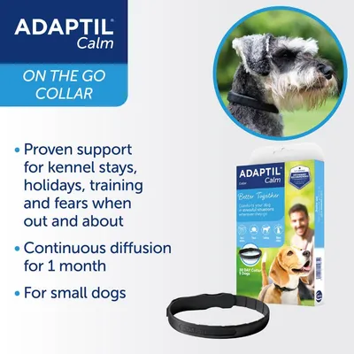 Adaptil Calm On The Go Collar for small dogs, provides support for kennel stays, holidays, training and fears when out, with continuous diffusion for 1 month.