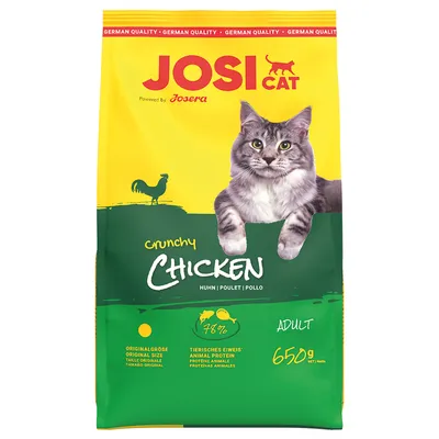 JosiCat Crunchy Chicken kattenvoer, 78% dierlijk eiwit, adult, 650 g. Tekst: German Quality, powered by Josera, originalgrootte, Huhn Poulet Pollo.