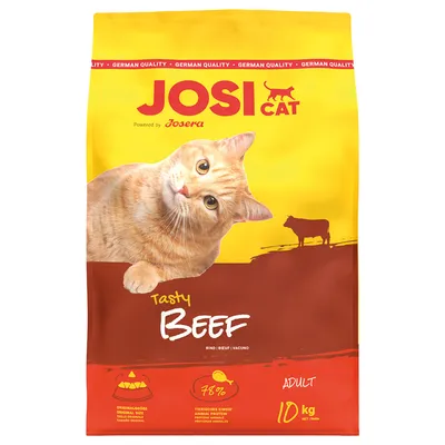 Sac de croquettes JosiCat Tasty Beef pour chat adulte, 10 kg, 78 % protéines animales, saveur bœuf. Marque Josera visible sur l’emballage.