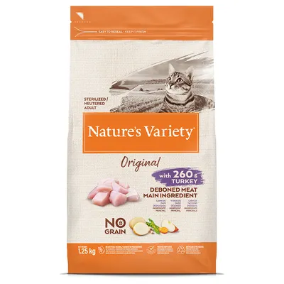 Nature's Variety Original kissanruoka, sterilized/neutered adult, 260 g kalkkunaa pääraaka-aineena, viljaton, paino 1,25 kg. Pakkauksessa kuvia lihasta ja vihanneksista.