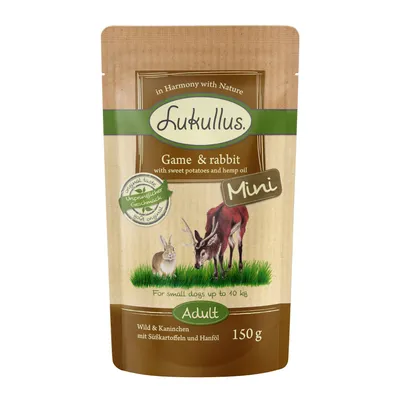 Lukullus Mini Adult, wild boar & rabbit with sweet potatoes and hemp oil, for small dogs up to 10 kg, 150 g. Original flavour, not adapted.