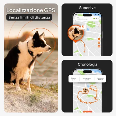 GPS tracking senza limite di distanza, localizzazione superlive e cronologia con distanza di 6,5 m, velocità media di 3,2 m/h, velocità massima di 4,6 m/h. GPS tracking senza limite di distanza, localizzazione superlive e cronologia con distanza di 6,5 m, velocità media di 3,2 m/h, velocità massima di 4,6 m/h.