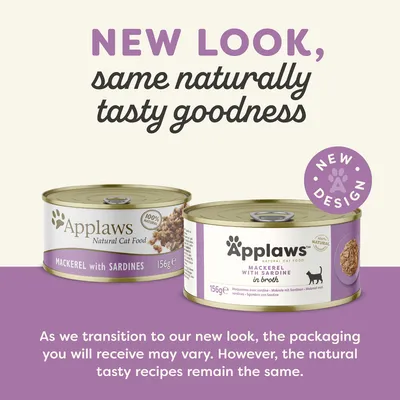 Applaws mackerel with sardines cat food cans shown in old and new packaging. Text: New look, same naturally tasty goodness. Packaging may vary but recipes remain the same.