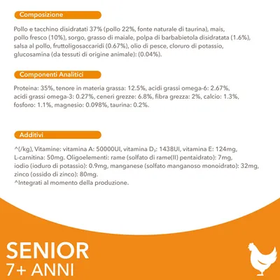 Composizione, componenti analitici e additivi di alimento per cani senior 7+ anni: pollo, tacchino, mais, grasso di maiale, vitamine A, D3, E, L-carnitina, minerali. Testo visibile in italiano.