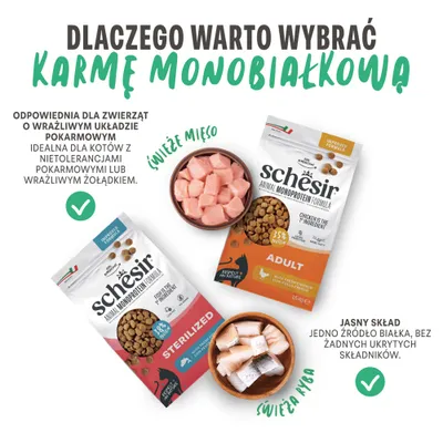 Schesir Monoprotein karma dla kotów, warianty Sterilized i Adult, ze świeżym mięsem lub rybą. Odpowiednia dla wrażliwego układu trawiennego, przejrzysta lista składników bez ukrytych substancji. Schesir Monoprotein karma dla kotów, warianty Sterilized i Adult, ze świeżym mięsem lub rybą. Odpowiednia dla wrażliwego układu trawiennego, przejrzysta lista składników bez ukrytych substancji.