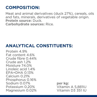Composition: duck 27%, cereals, oils and fats, minerals, vegetable derivatives. Protein source: duck. Carbohydrate sources: rice. Analytical constituents: protein 4.9%, fat 4.6%, fibre 0.44%, ash 1.2%, moisture 74%, linoleic acid 1.4%, EPA+DHA 0.13%, calcium 0.21%, phosphorus 0.16%, sodium 0.07%, potassium 0.20%, magnesium 0.02%. Per kg: vitamin A 5,881 IU, vitamin D3 351 IU.