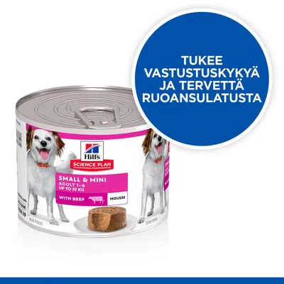 Hill's Science Plan Small & Mini Adult 1–6 Up to 10 kg with Beef Mousse -koiranruokapurkki. Teksti: Tukee vastustuskykyä ja tervettä ruoansulatusta.