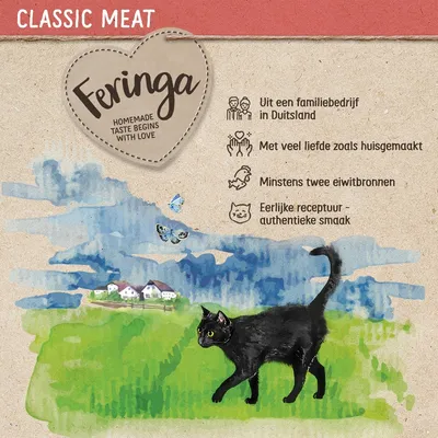 Feringa Classic Meat. Uit een familiebedrijf in Duitsland, met veel liefde zoals huisgemaakt, minstens twee eiwitbronnen, eerlijke receptuur – authentieke smaak.