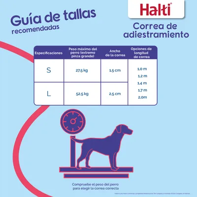 Guía de tallas Halti correa de adiestramiento: S hasta 27,5 kg, ancho 1,5 cm, longitudes 1–2 m; L hasta 52,5 kg, ancho 2,5 cm, longitudes 1–2 m. Compruebe el peso del perro.