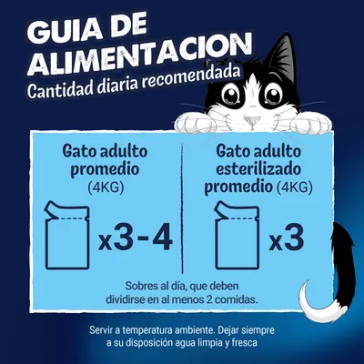 Cantidades recomendadas: Gato adulto promedio (4 kg), 3-4 sobres al día; gato adulto esterilizado (4 kg), 3 sobres al día, repartidos en al menos 2 comidas. Cantidades recomendadas: Gato adulto promedio (4 kg), 3-4 sobres al día; gato adulto esterilizado (4 kg), 3 sobres al día, repartidos en al menos 2 comidas.