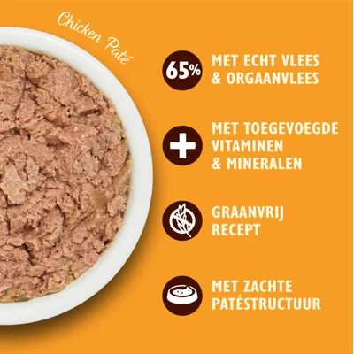 Chicken Paté, 65% met echt vlees & orgaanvlees, met toegevoegde vitaminen & mineralen, graanvrij recept, met zachte patéstructuur.