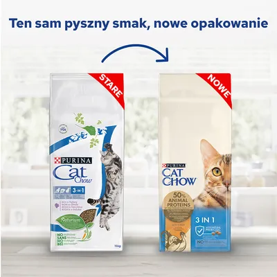 Porównanie starego i nowego opakowania karmy Purina Cat Chow 3 in 1 dla kotów. Nowe opakowanie: 50% animal proteins, with turkey, with natural prebiotic.