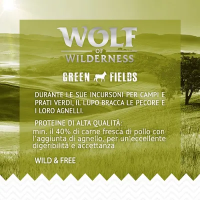 Wolf of Wilderness Green Fields. Durante le sue incursioni per campi e prati verdi, il lupo bracca le pecore e i loro agnelli. Proteine di alta qualità: min. 40% carne fresca di pollo con aggiunta di agnello.