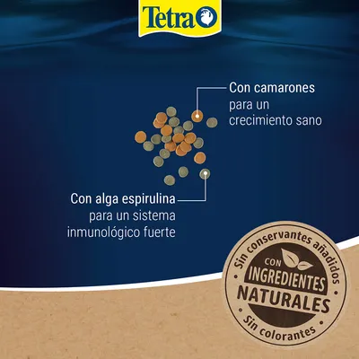 Tetra. Con camarones para un crecimiento sano. Con alga espirulina para un sistema inmunológico fuerte. Sin conservantes añadidos, sin colorantes, con ingredientes naturales.