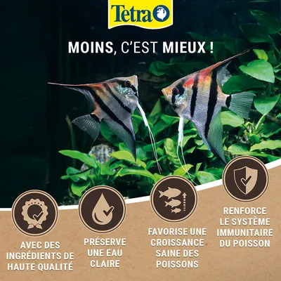 Tetra. Moins, c’est mieux ! Avec des ingrédients de haute qualité. Préserve une eau claire. Favorise une croissance saine des poissons. Renforce le système immunitaire du poisson.