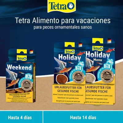 Tetra Weekend y Tetra Holiday alimento de vacaciones para peces sanos, ingredientes naturales, sin colorantes. Weekend hasta 4 días, Holiday y Holiday Menu hasta 14 días de alimentación. Tetra Weekend y Tetra Holiday alimento de vacaciones para peces sanos, ingredientes naturales, sin colorantes. Weekend hasta 4 días, Holiday y Holiday Menu hasta 14 días de alimentación.