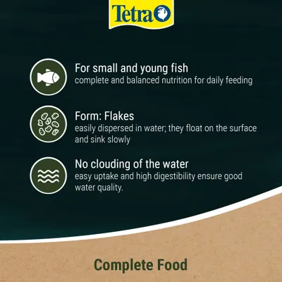 Tetra. For small and young fish, complete and balanced nutrition. Form: flakes, disperse easily in the water. Does not cloud the water, ensures good water quality. Tetra. For small and young fish, complete and balanced nutrition. Form: flakes, disperse easily in the water. Does not cloud the water, ensures good water quality.