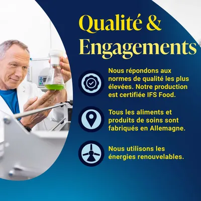 Production certifiée selon la norme IFS Food, tous les aliments et produits de soin fabriqués en Allemagne, utilisation d’énergies renouvelables. Production certifiée selon la norme IFS Food, tous les aliments et produits de soin fabriqués en Allemagne, utilisation d’énergies renouvelables.