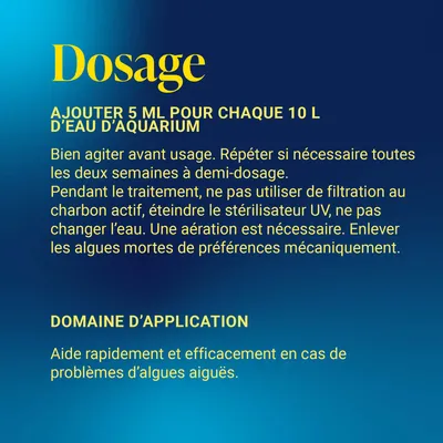 Dosage : 5 ml pour 10 l d’eau d’aquarium. Bien agiter avant utilisation, doser à moitié toutes les deux semaines. Ne pas filtrer avec du charbon actif, éteindre le stérilisateur UV, ne pas changer l’eau. Dosage : 5 ml pour 10 l d’eau d’aquarium. Bien agiter avant utilisation, doser à moitié toutes les deux semaines. Ne pas filtrer avec du charbon actif, éteindre le stérilisateur UV, ne pas changer l’eau.
