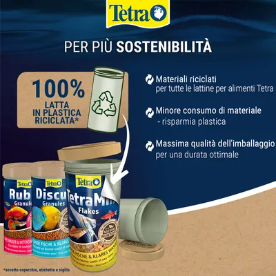Tetra, 100% latta in plastica riciclata per alimenti pesci. Materiali riciclati, minore consumo di materiale, massima qualità dell'imballaggio. Testo in italiano.