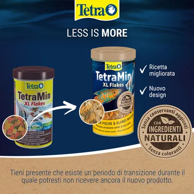 TetraMin XL Flakes, confronto tra vecchio e nuovo design. Testi visibili: Ricetta migliorata, Nuovo design, Senza conservanti aggiunti, con ingredienti naturali, senza coloranti.
