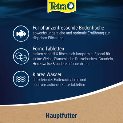 Tetra. Für pflanzenfressende Bodenfische, Form: Tabletten, Klares Wasser. Texte en allemand sur l’alimentation des poissons de fond, forme comprimés et eau claire. Hauptfutter.
