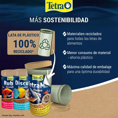 Tetra. Lata de plástico 100% reciclado. Materialien reciclados para todas las latas de alimentos, menor consumo de material, máxima calidad de embalaje. Texto en alemán y español.