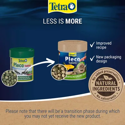 Tetra Pleco Tablets – zmiana opakowania i ulepszona receptura. Widoczne dwa opakowania: stare i nowe. Napis: with natural ingredients, no added preservatives, no colourants.