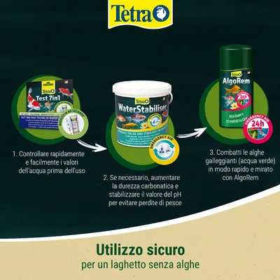 Tetra Test 7in1, WaterStabiliser e AlgoRem. Guida passo dopo passo per un utilizzo sicuro e per uno stagno senza alghe. Tetra Test 7in1, WaterStabiliser e AlgoRem. Guida passo dopo passo per un utilizzo sicuro e per uno stagno senza alghe.